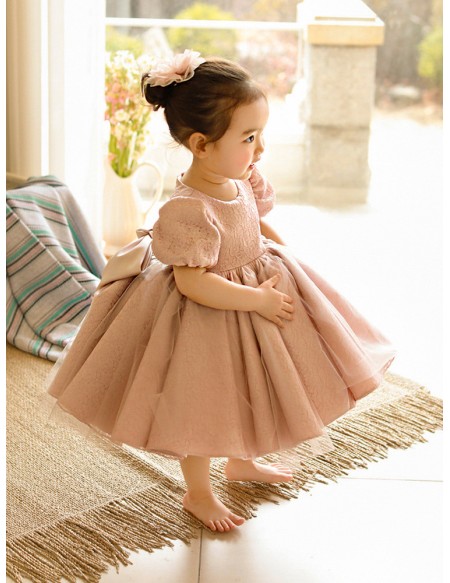 Pink Lace Ballgown Short Sleeved Flower Girl Dress with Bow