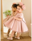 Pink Lace Ballgown Short Sleeved Flower Girl Dress with Bow