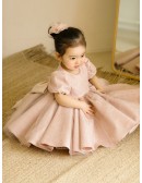 Pink Lace Ballgown Short Sleeved Flower Girl Dress with Bow