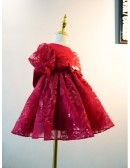 Burgundy Lace Tulle Girls Party Dress with Short Sleeves