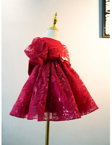 Burgundy Lace Tulle Girls Party Dress with Short Sleeves