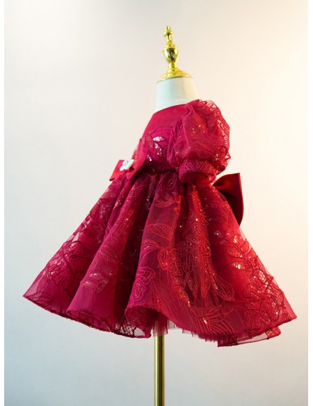 Burgundy Lace Tulle Girls Party Dress with Short Sleeves