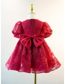 Burgundy Lace Tulle Girls Party Dress with Short Sleeves