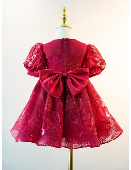 Burgundy Lace Tulle Girls Party Dress with Short Sleeves