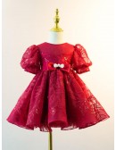 Burgundy Lace Tulle Girls Party Dress with Short Sleeves