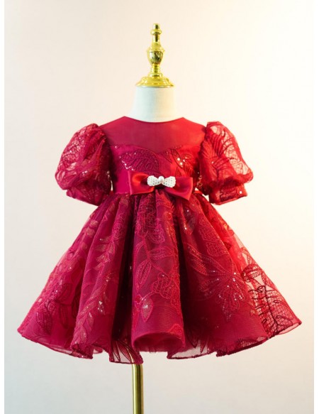 Burgundy Lace Tulle Girls Party Dress with Short Sleeves