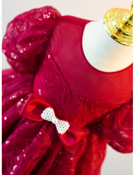 Burgundy Lace Tulle Girls Party Dress with Short Sleeves
