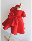 Red Or White Satin Toddler Flower Girl Dress with Big Bow In Back