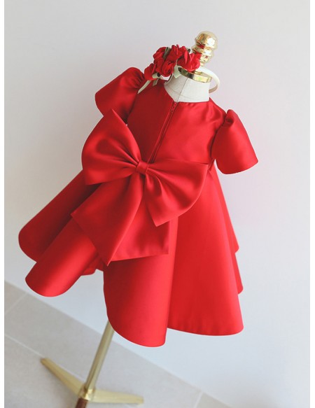 Red Or White Satin Toddler Flower Girl Dress with Big Bow In Back