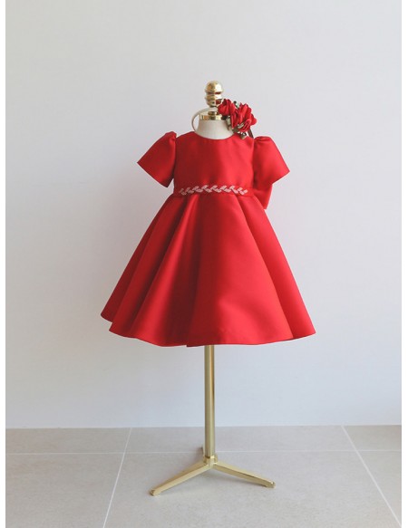 Red Or White Satin Toddler Flower Girl Dress with Big Bow In Back