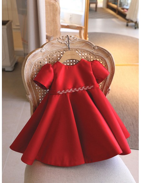 Red Or White Satin Toddler Flower Girl Dress with Big Bow In Back