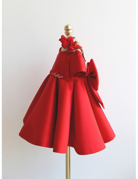 Red Or White Satin Toddler Flower Girl Dress with Big Bow In Back