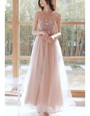 Pink Tulle Long Halter Gorgeous Prom Dress With Flowers