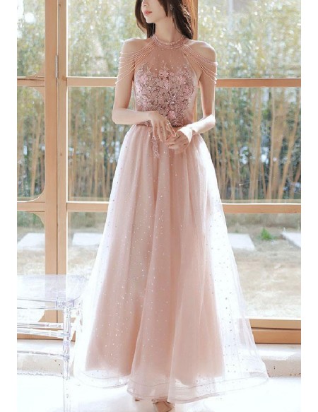 Pink Tulle Long Halter Gorgeous Prom Dress With Flowers
