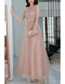 Pink Tulle Long Halter Gorgeous Prom Dress With Flowers