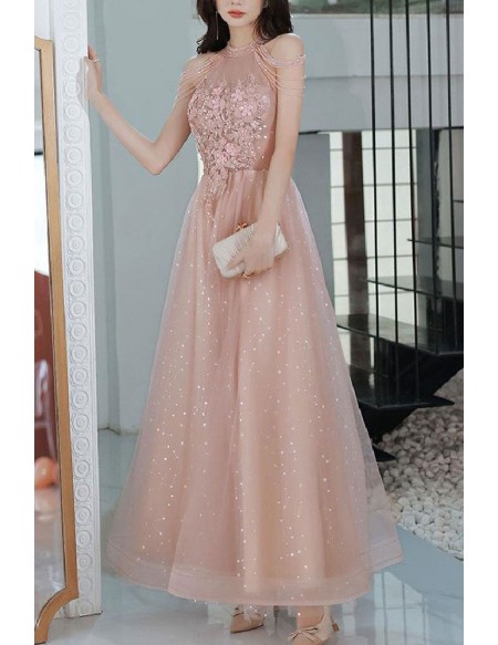 Pink Tulle Long Halter Gorgeous Prom Dress With Flowers