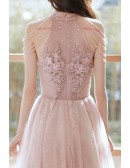 Pink Tulle Long Halter Gorgeous Prom Dress With Flowers