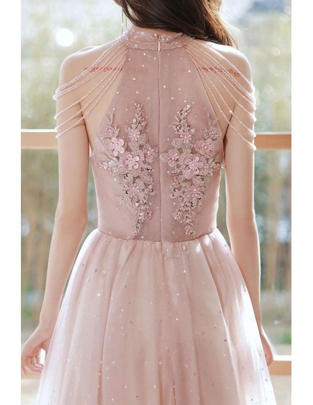 Pink Tulle Long Halter Gorgeous Prom Dress With Flowers