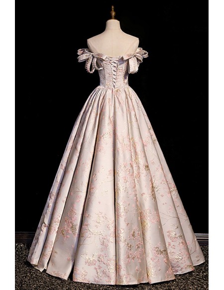 Off Shoulder Floral Pattern Long Prom Dress With Bows