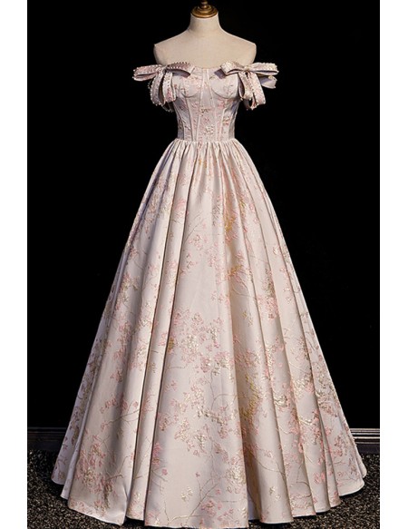 Off Shoulder Floral Pattern Long Prom Dress With Bows