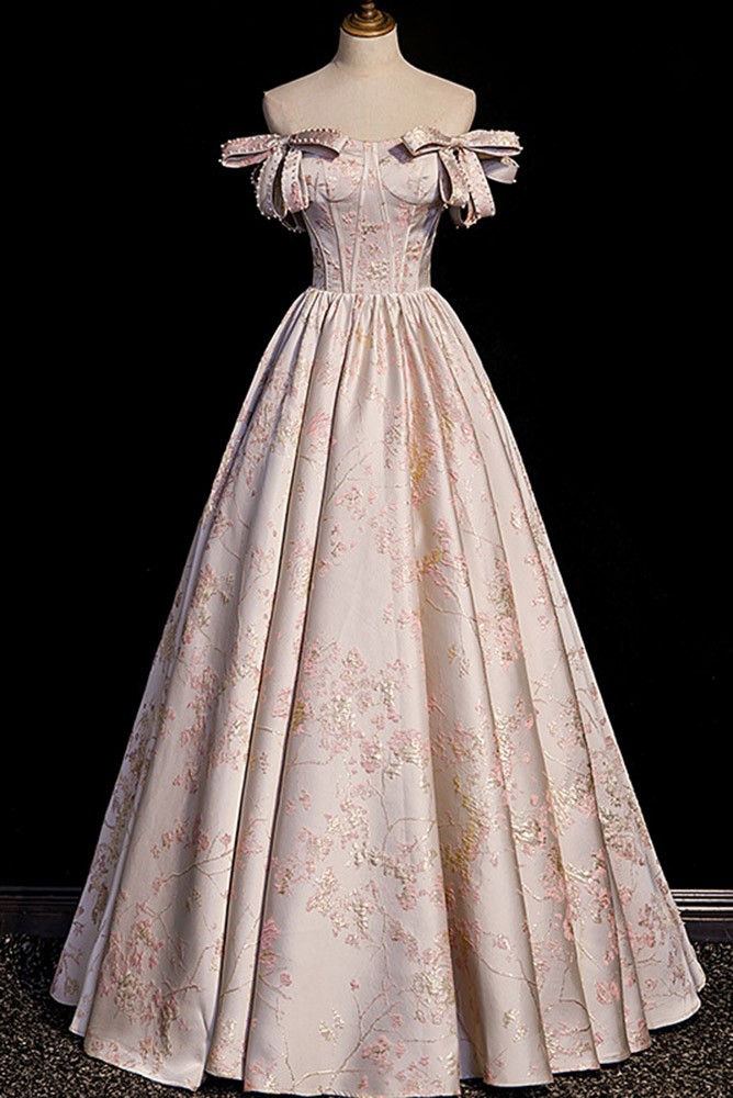 Off Shoulder Floral Pattern Long Prom Dress With Bows #BY6020 ...