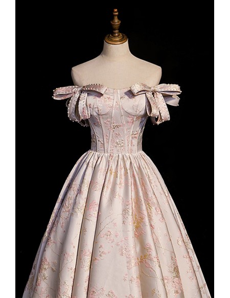 Off Shoulder Floral Pattern Long Prom Dress With Bows