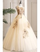 Sleeveless Champagne Ballgown Tulle Prom Dress With Embroidery