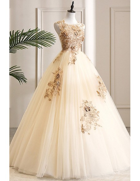Sleeveless Champagne Ballgown Tulle Prom Dress With Embroidery