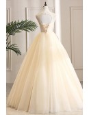 Sleeveless Champagne Ballgown Tulle Prom Dress With Embroidery