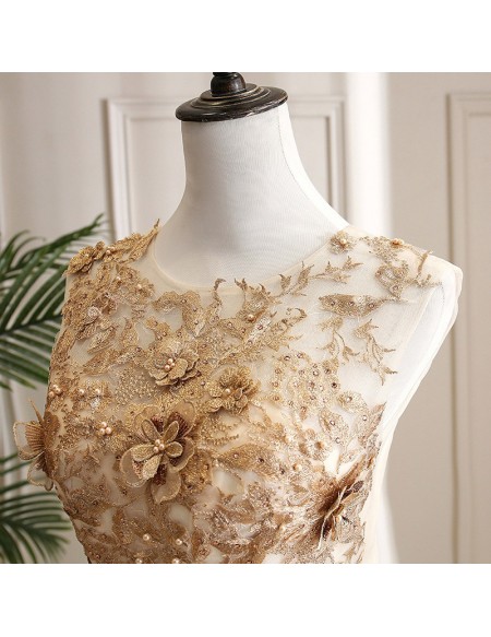 Sleeveless Champagne Ballgown Tulle Prom Dress With Embroidery