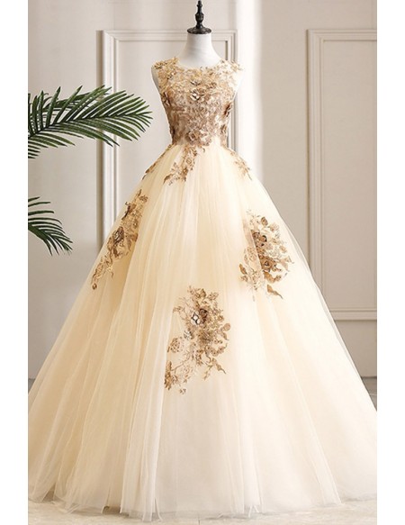 Sleeveless Champagne Ballgown Tulle Prom Dress With Embroidery