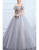 Floral Off Shoulder Grey Ballgown Tulle Prom Dress