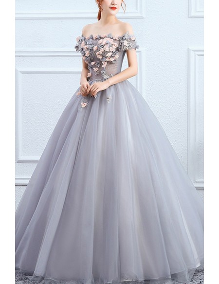 Floral Off Shoulder Grey Ballgown Tulle Prom Dress