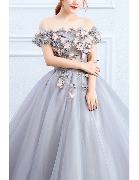 Floral Off Shoulder Grey Ballgown Tulle Prom Dress