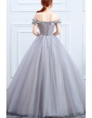 Floral Off Shoulder Grey Ballgown Tulle Prom Dress