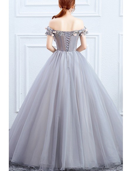 Floral Off Shoulder Grey Ballgown Tulle Prom Dress