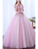Floral Off Shoulder Grey Ballgown Tulle Prom Dress
