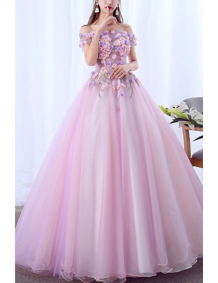 Floral Off Shoulder Grey Ballgown Tulle Prom Dress