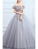 Floral Off Shoulder Grey Ballgown Tulle Prom Dress