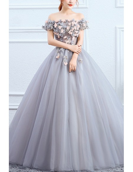Floral Off Shoulder Grey Ballgown Tulle Prom Dress