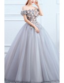 Floral Off Shoulder Grey Ballgown Tulle Prom Dress