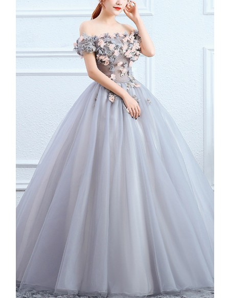 Floral Off Shoulder Grey Ballgown Tulle Prom Dress