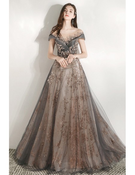 Gorgeous Cap Sleeved Sparkly Long Prom Dress For Parties