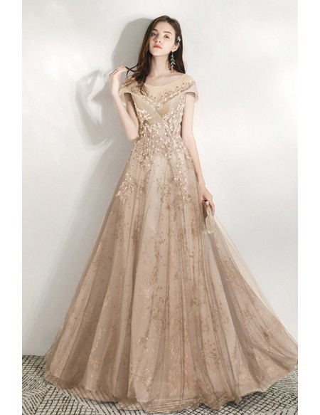 Gorgeous Cap Sleeved Sparkly Long Prom Dress For Parties