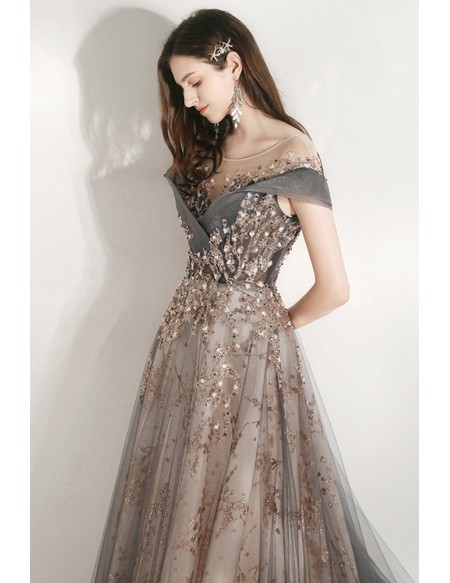 Gorgeous Cap Sleeved Sparkly Long Prom Dress For Parties