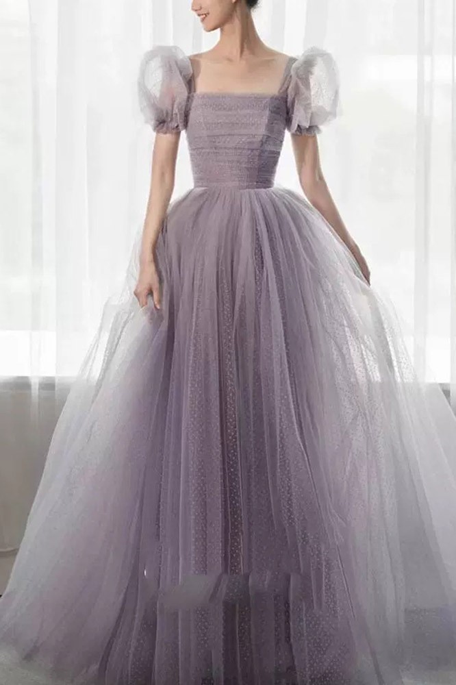 Square-neck Embellished Polka-dot Tulle Gown New Arrival Black A-line Prom Dress Y342 main image 0
