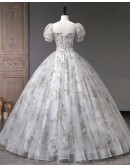 Sparkly Grey Ballgown Long Princess Prom Dress With Bubble Sleeves