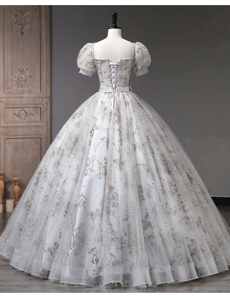 Sparkly Grey Ballgown Long Princess Prom Dress With Bubble Sleeves