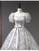 Sparkly Grey Ballgown Long Princess Prom Dress With Bubble Sleeves