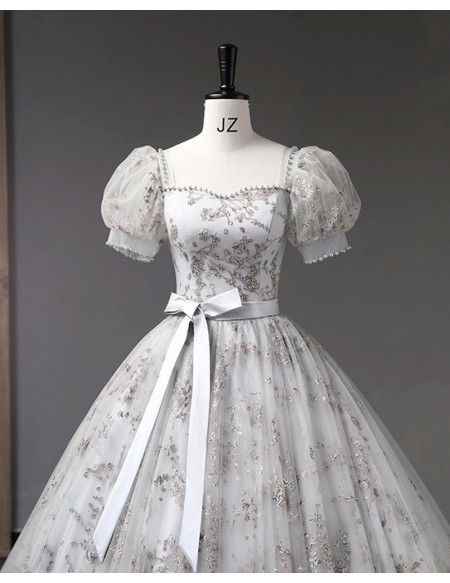 Sparkly Grey Ballgown Long Princess Prom Dress With Bubble Sleeves